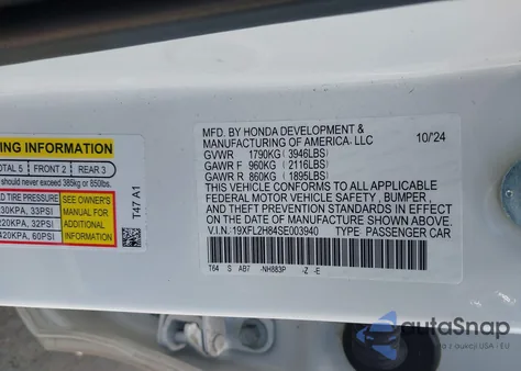 2025 Honda Civic Sport из США, поврежденный, VIN 19XFL2H84SE003940